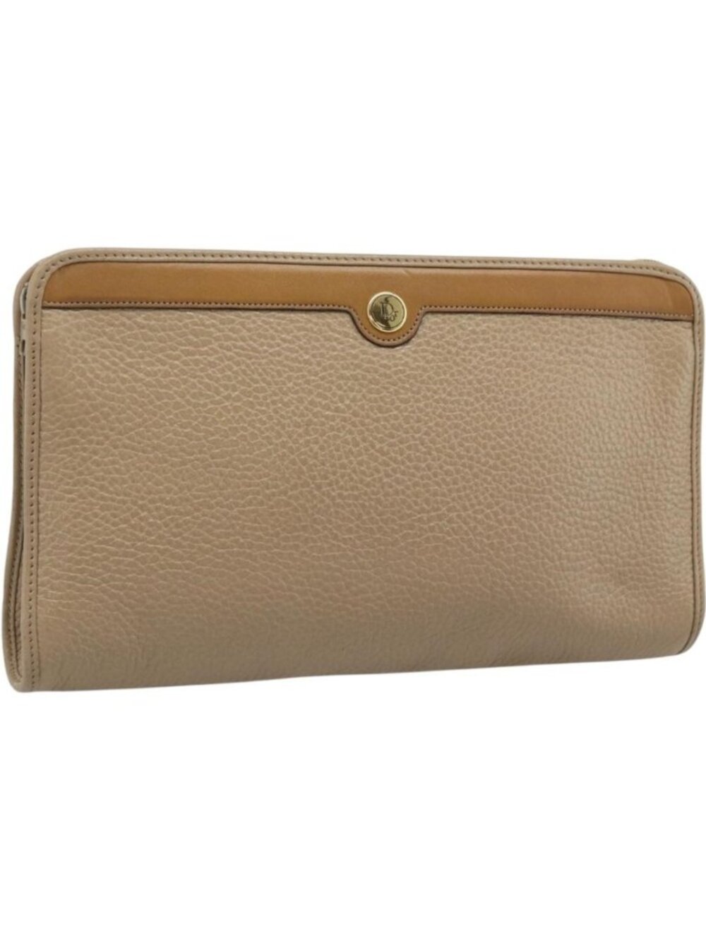 Christian Dior Clutch Bag Leather Beige Gold Tone